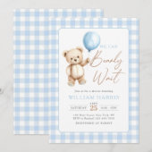 Blue Gingham Teddy Bear Balloon Boy Baby Shower 招待状 (正面/裏面)