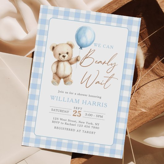 Blue Gingham Teddy Bear Balloon Boy Baby Shower 招待状