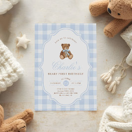 Blue Gingham Teddy Bear Beary First Birthday 招待状