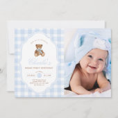 Blue Gingham Teddy Bear Beary First Birthday Photo 招待状 (正面)