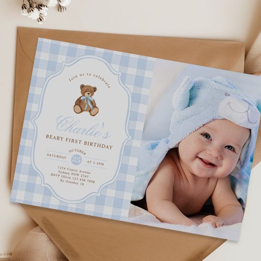 Blue Gingham Teddy Bear Beary First Birthday Photo 招待状