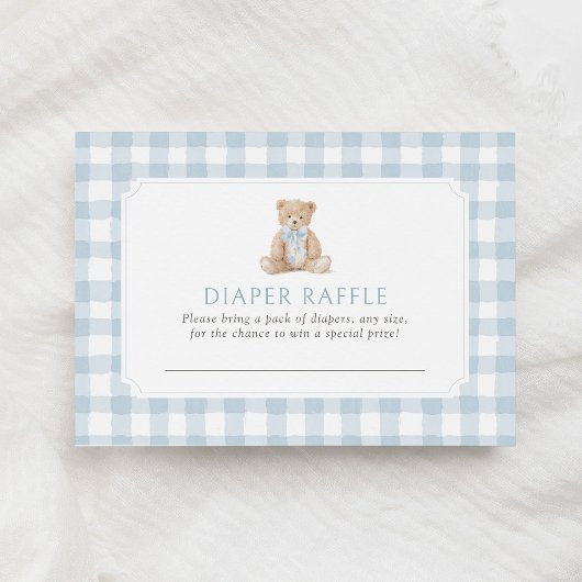 Blue Gingham Teddy Bear Diaper Raffle Ticket エンクロージャーカード