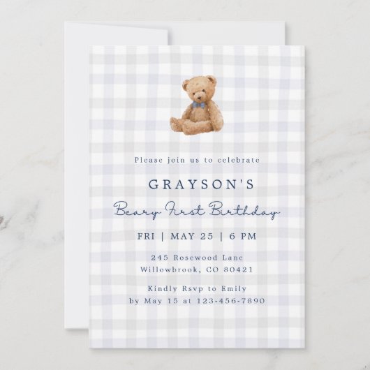 Blue Gingham Teddy Bear First Birthday Invitation 招待状 (正面)