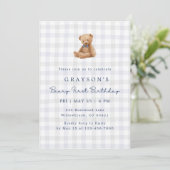 Blue Gingham Teddy Bear First Birthday Invitation 招待状 (スタンド正面)