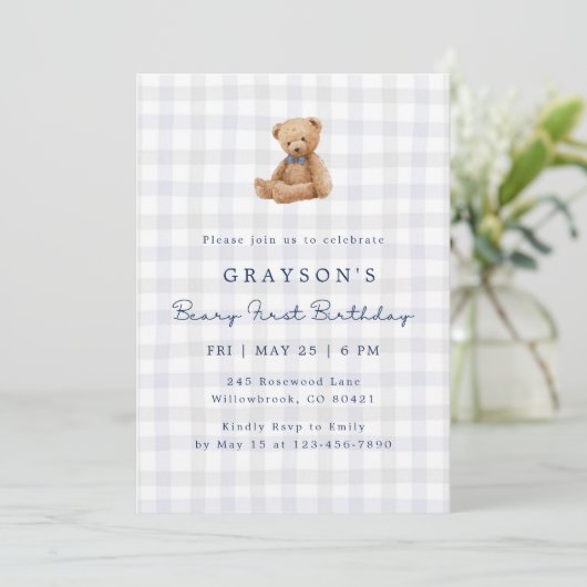 Blue Gingham Teddy Bear First Birthday Invitation 招待状 (スタンド正面)