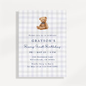 Blue Gingham Teddy Bear First Birthday Invitation 招待状