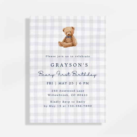 Blue Gingham Teddy Bear First Birthday Invitation 招待状