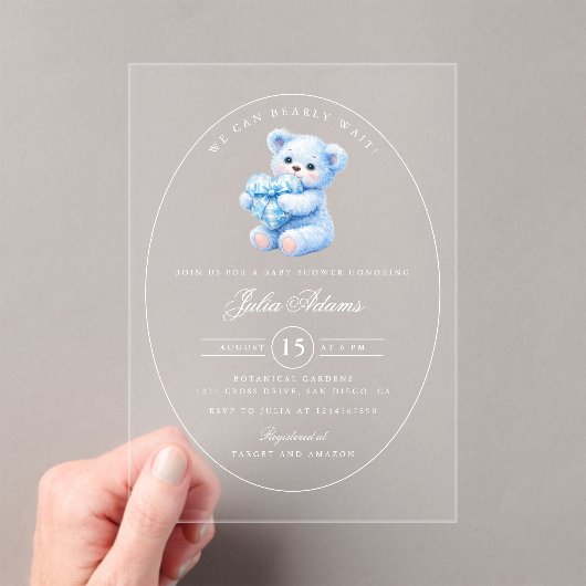 Blue Gingham Teddy Bear Neutral Baby Shower アクリル招待状 (インサイチュ (ポータブル))