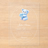 Blue Gingham Teddy Bear Neutral Baby Shower アクリル招待状 (正面)