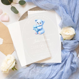 Blue Gingham Teddy Bear Neutral Baby Shower アクリル招待状