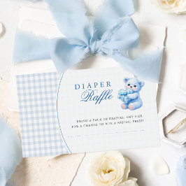 Blue Gingham Teddy Bear Neutral Baby Shower エンクロージャーカード