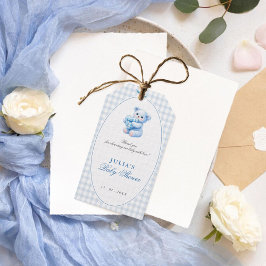 Blue Gingham Teddy Bear Neutral Baby Shower ギフトタグ