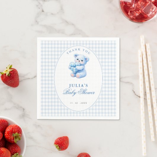 Blue Gingham Teddy Bear Neutral Baby Shower スタンダードカクテルナプキン (インサイチュ)