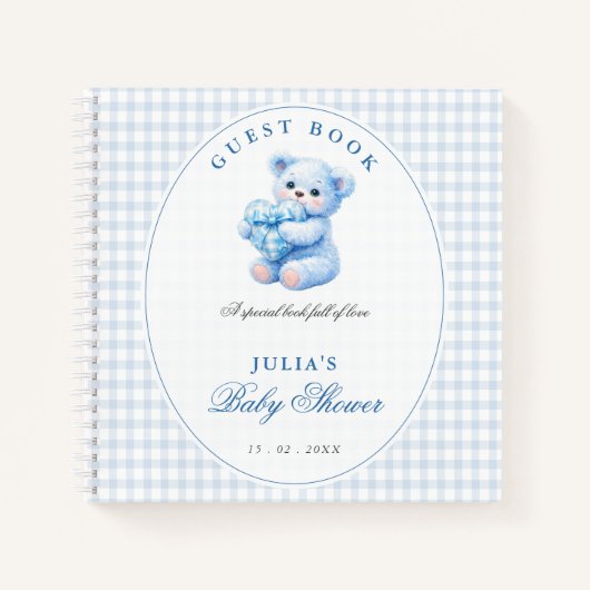 Blue Gingham Teddy Bear Neutral Baby Shower ノートブック (正面)