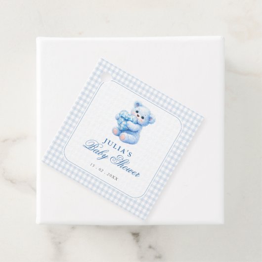 Blue Gingham Teddy Bear Neutral Baby Shower フェイバータグ (インサイチュ)