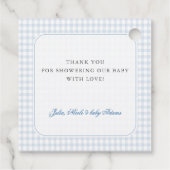 Blue Gingham Teddy Bear Neutral Baby Shower フェイバータグ (裏面)