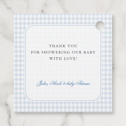 Blue Gingham Teddy Bear Neutral Baby Shower フェイバータグ (裏面)
