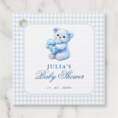 Blue Gingham Teddy Bear Neutral Baby Shower フェイバータグ (正面)