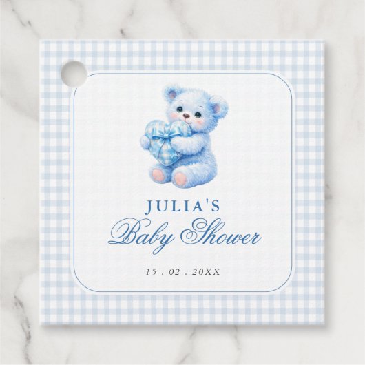 Blue Gingham Teddy Bear Neutral Baby Shower フェイバータグ (正面)