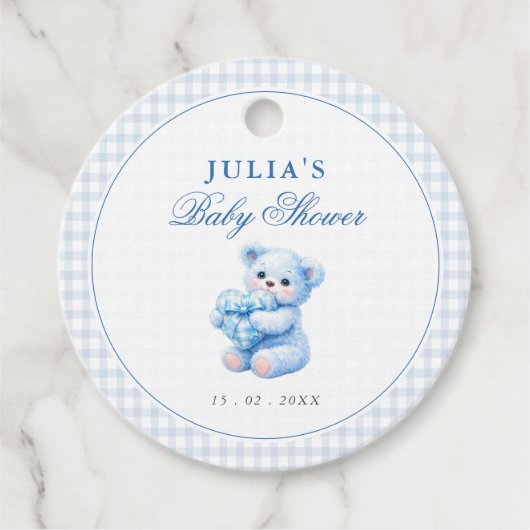 Blue Gingham Teddy Bear Neutral Baby Shower フェイバータグ (正面)