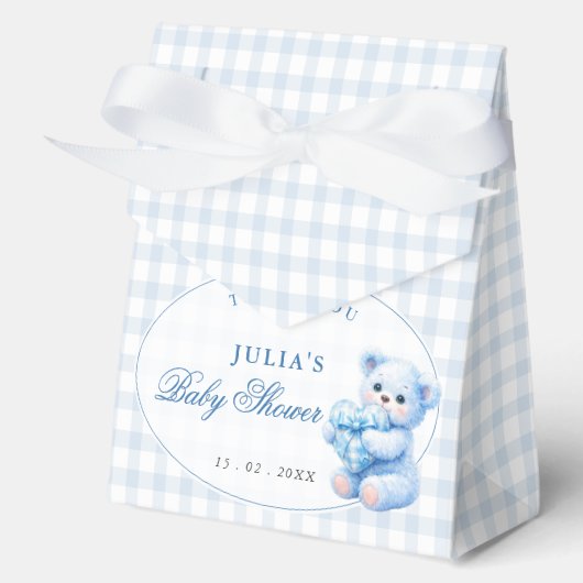 Blue Gingham Teddy Bear Neutral Baby Shower フェイバーボックス (正面)