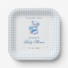 Blue Gingham Teddy Bear Neutral Baby Shower ペーパープレート