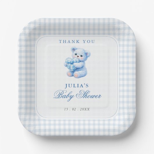 Blue Gingham Teddy Bear Neutral Baby Shower ペーパープレート (正面)