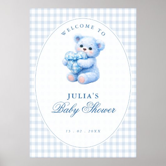 Blue Gingham Teddy Bear Neutral Baby Shower ポスター (正面)