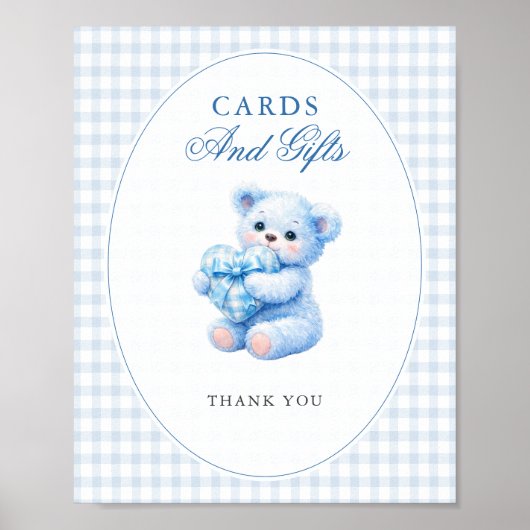 BLUE GINGHAM TEDDY BEAR NEUTRAL BABY SHOWER ポスター (正面)