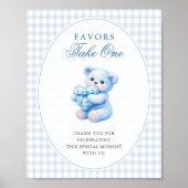 Blue Gingham Teddy Bear Neutral Baby Shower ポスター (正面)