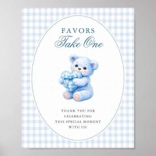 BLUE GINGHAM TEDDY BEAR NEUTRAL BABY SHOWER ポスター (正面)