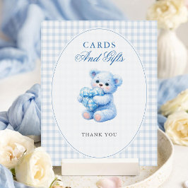 Blue Gingham Teddy Bear Neutral Baby Shower ポスター