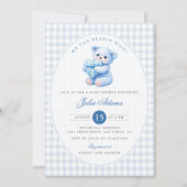 Blue Gingham Teddy Bear Neutral Baby Shower 招待状 (正面)