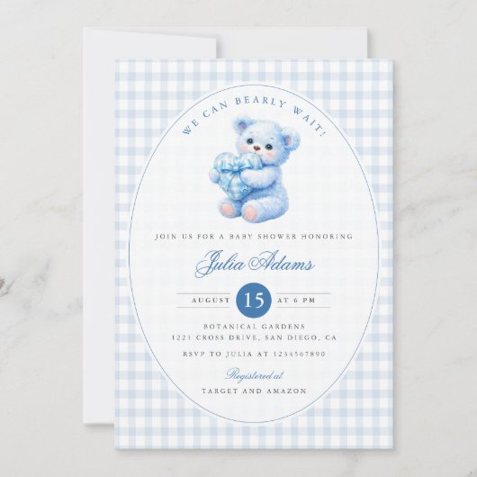 Blue Gingham Teddy Bear Neutral Baby Shower 招待状 (正面)