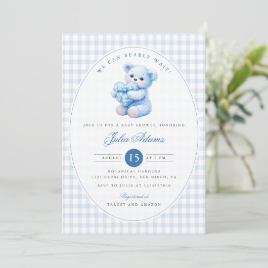 Blue Gingham Teddy Bear Neutral Baby Shower 招待状 (スタンド正面)