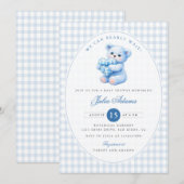 Blue Gingham Teddy Bear Neutral Baby Shower 招待状 (正面/裏面)