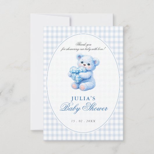 Blue Gingham Teddy Bear Neutral Baby Shower 招待状 (正面)