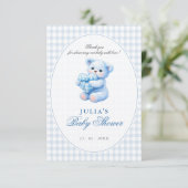 Blue Gingham Teddy Bear Neutral Baby Shower 招待状 (スタンド正面)