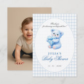Blue Gingham Teddy Bear Neutral Baby Shower 招待状 (正面/裏面)