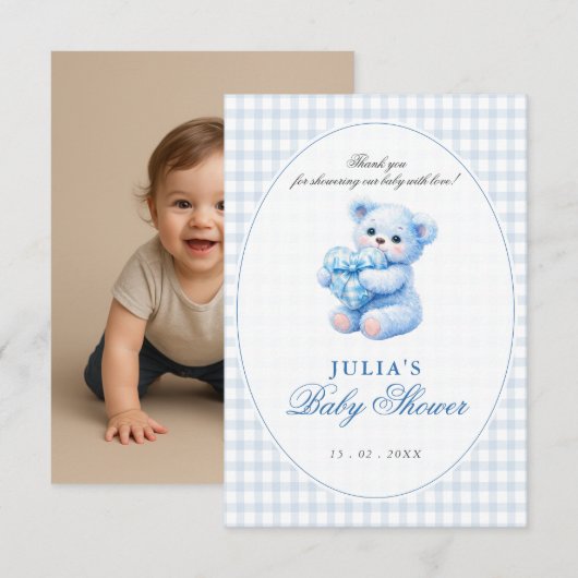 Blue Gingham Teddy Bear Neutral Baby Shower 招待状 (正面/裏面)
