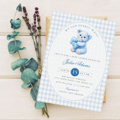 Blue Gingham Teddy Bear Neutral Baby Shower 招待状