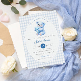 Blue Gingham Teddy Bear Neutral Baby Shower 招待状