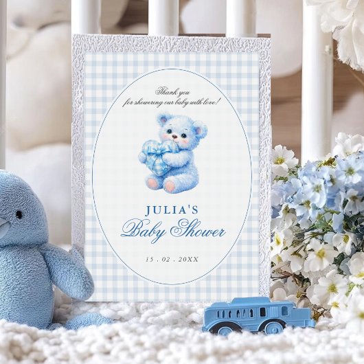 Blue Gingham Teddy Bear Neutral Baby Shower 招待状