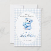 Blue Gingham Teddy Bear Neutral Baby Shower 招待状 (正面)