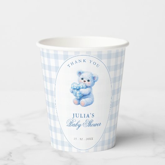 Blue Gingham Teddy Bear Neutral Baby Shower 紙コップ (裏面)