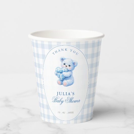 Blue Gingham Teddy Bear Neutral Baby Shower 紙コップ (正面)