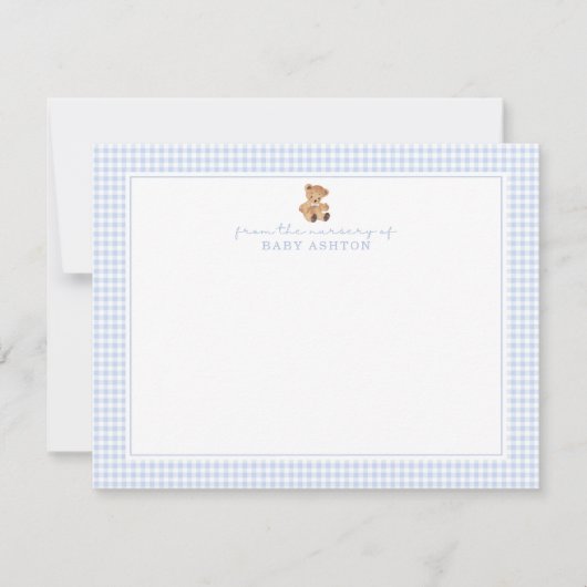 Blue Gingham Teddy Bear Nursery Note Card 案内状 (正面)