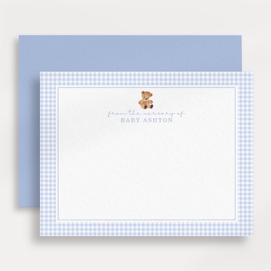 Blue Gingham Teddy Bear Nursery Note Card 案内状