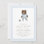 Blue Gingham Teddy Bear Soccer First Kick 招待状 (正面)