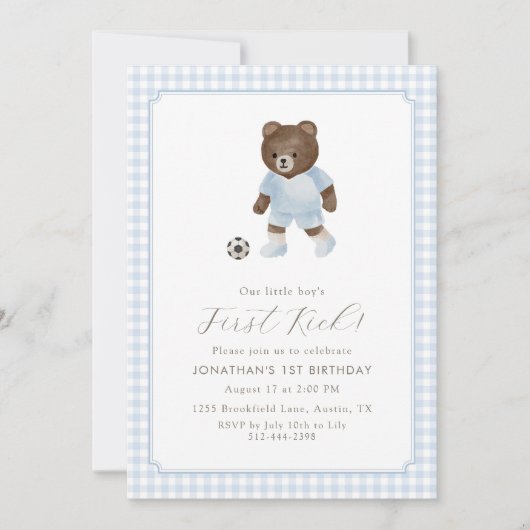 Blue Gingham Teddy Bear Soccer First Kick 招待状 (正面)